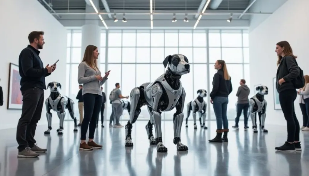 découvrez comment l'art généré par intelligence artificielle fascine en exposant des chiens robots aux traits de musk et bezos dans une galerie innovante mêlant technologie et créativité.