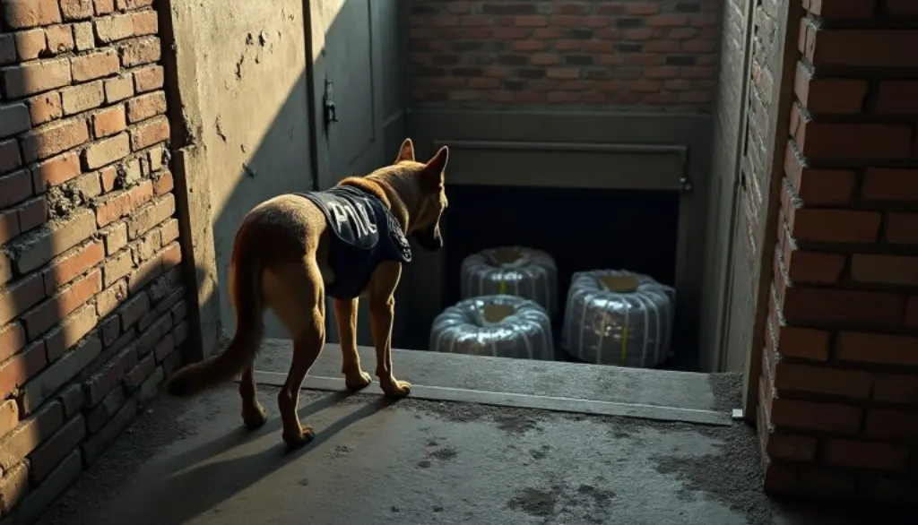 un chien policier fait une découverte incroyable lors d'une promenade matinale en trouvant quatre kilos de drogues dissimulés dans une cave d'immeuble.