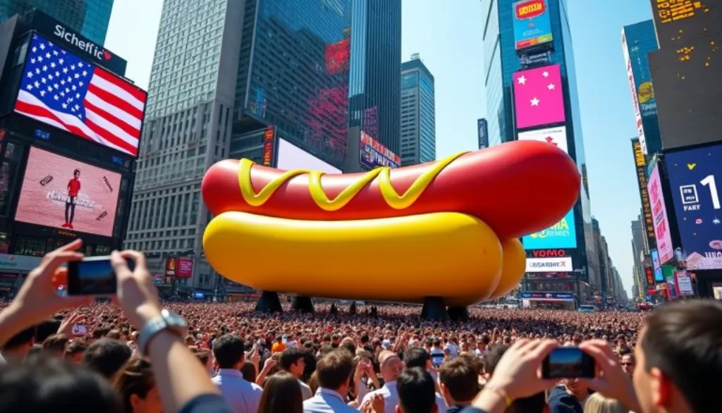 découvrez le spectaculaire retour de la sculpture géante de hot-dog à times square, new york, un symbole iconique qui ravit les visiteurs et capture l'esprit vibrant de la ville.